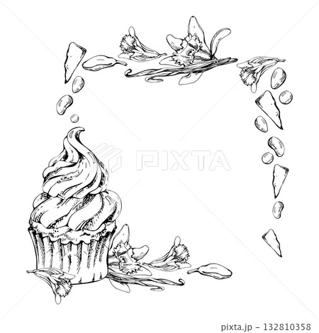Vanilla blossom with seed pods, chocolate and cream mousse swirl on muffin cupcake, cocoa bean dragees. Hand drawn in vector ink, isolated corner illustration. Culinary frame, bistro menu, food card. Vanilla blossom with seed pods, chocolate and cream mousse swirl on muffin cupcake, cocoa bean dragees. Hand drawn in vector ink, isolated corner illustration. Culinary frame, bistro menu, food card. 132810358