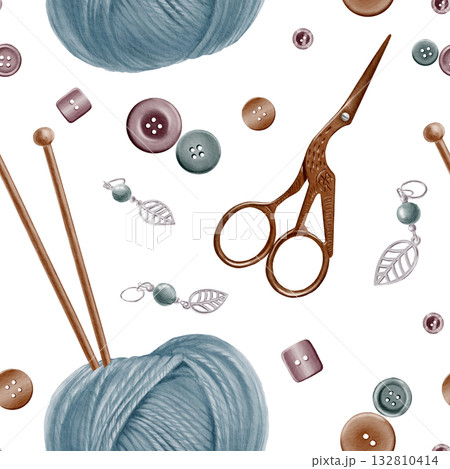 Knitting pattern with ball of yarn with wooden spokes stuck into it,copper crane scissors,buttons,markers in watercolor illustration as symbol of needlework,knitting, crochet,hand made hobby Knitting pattern with ball of yarn with wooden spokes stuck into it,copper crane scissors,buttons,markers in watercolor illustration as symbol of needlework,knitting, crochet,hand made hobby 132810414