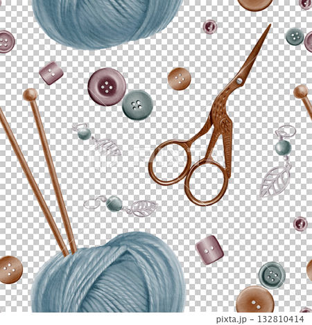 Knitting pattern with ball of yarn with wooden spokes stuck into it,copper crane scissors,buttons,markers in watercolor illustration as symbol of needlework,knitting, crochet,hand made hobby Knitting pattern with ball of yarn with wooden spokes stuck into it,copper crane scissors,buttons,markers in watercolor illustration as symbol of needlework,knitting, crochet,hand made hobby 132810414