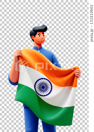 Proud and happy indian man holding large indian tricolor national flag, 3d character for independence day, republic day, patriotic celebration 132810602