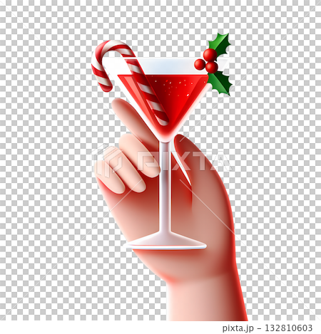 Festive hand holding delicious christmas cocktail, garnished with candy cane and fresh holly. Perfect for seasonal menus, party invites, celebratory concepts 132810603