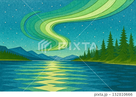 北国の寒い夜 オーロラ 湖 貼り絵風 北国の寒い夜 オーロラ 湖 貼り絵風 132810666