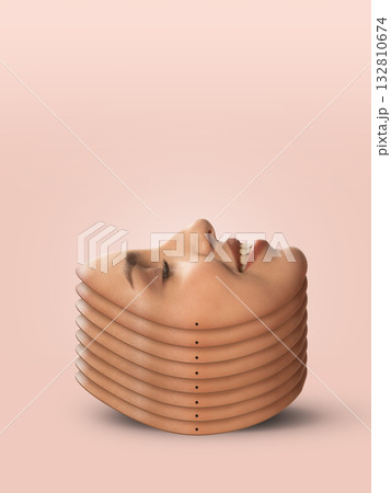 Digital artwork. Stacked smiling faces sculpture illustrating layered emotions and identity Digital artwork. Stacked smiling faces sculpture illustrating layered emotions and identity 132810674