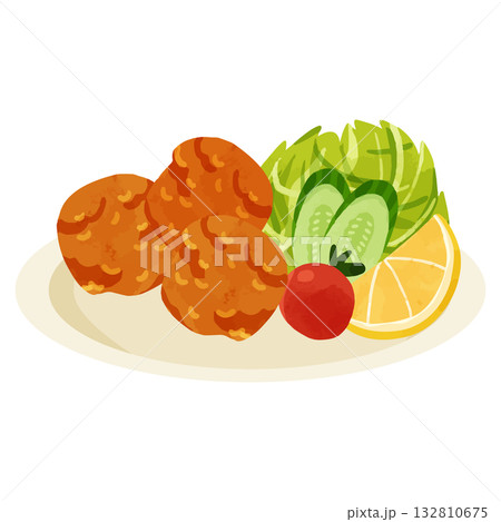 鶏の唐揚げのプレート　水彩風手描きベクターイラスト 132810675