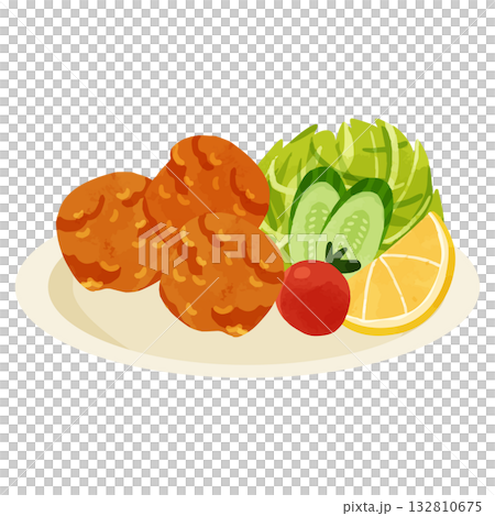 鶏の唐揚げのプレート　水彩風手描きベクターイラスト 132810675