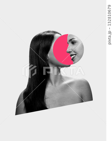 Minimal collage of woman with circular face mirror symbolizing dual identity Minimal collage of woman with circular face mirror symbolizing dual identity 132810679