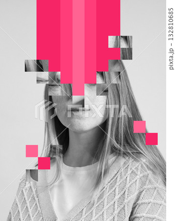 Surreal collage. Pixelated female portrait with pink distortion expressing mental overload 132810685