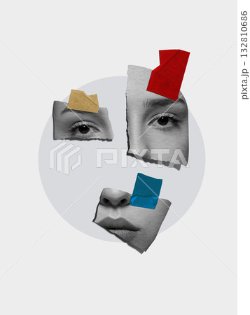 Trendy collage. Torn paper face collage with colored tape representing fragmented emotions Trendy collage. Torn paper face collage with colored tape representing fragmented emotions 132810686