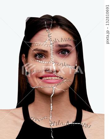 Graphic composition. Woman portrait stitched together showing fractured self-perception 132810691