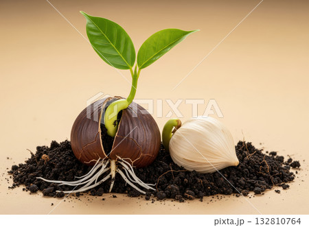 Candlenut Sprout and Intact Seed Robust Life Emerging from Cracked Spice Candlenut Sprout and Intact Seed Robust Life Emerging from Cracked Spice 132810764