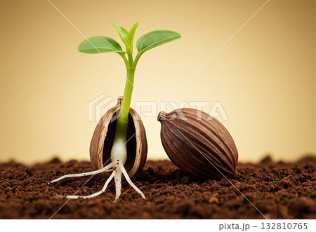 Cardamom Sprout and Intact Seed New Life from Cracked Spice on Soil Cardamom Sprout and Intact Seed New Life from Cracked Spice on Soil 132810765