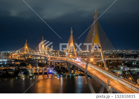 Bangkok City - Beautiful night Chao Phraya river view of Bhumibol Bridge, Thailand. 132810835