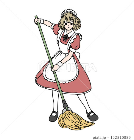 モップで床掃除するメイド服の女性 132810889
