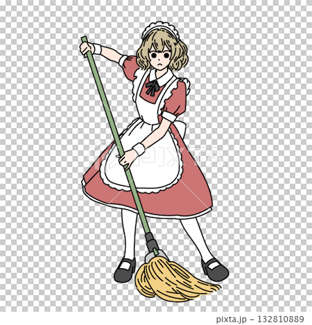 一個穿著女僕裝的女人正在用拖把清潔地板 132810889