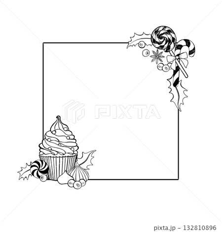 Vector illustration. Square frame decorated with Christmas sweets. Cupcakes, lollipops, meringues, berries and holly leaves are hand drawn. For design of postcards, New Year invitations Vector illustration. Square frame decorated with Christmas sweets. Cupcakes, lollipops, meringues, berries and holly leaves are hand drawn. For design of postcards, New Year invitations 132810896