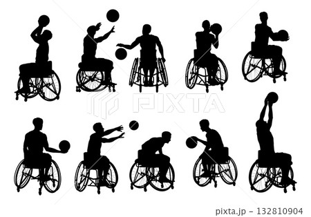 Wheelchair Basketball Player Silhouettes Set Wheelchair Basketball Player Silhouettes Set 132810904