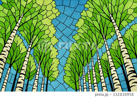 白樺林 白樺並木 見上げる 青空 ステンドグラス調 白樺林 白樺並木 見上げる 青空 ステンドグラス調 132810958