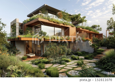 Drone view of green architectural complex with rooftop gardens, solar energy, and lush forest surroundings 132811070