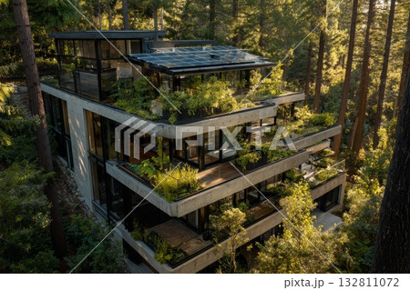 Drone view of green architectural complex with rooftop gardens, solar energy, and lush forest surroundings Drone view of green architectural complex with rooftop gardens, solar energy, and lush forest surroundings 132811072