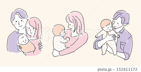赤ちゃんと家族のイラストセット　やさしい色合いの親子　パパとママの育児・子育てイメージ 132811172
