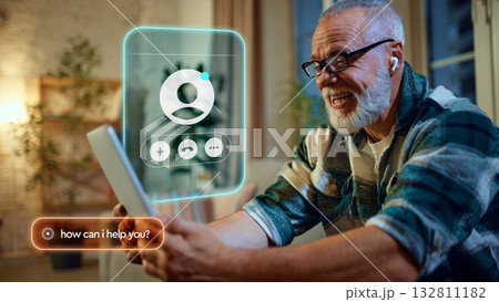 Older man video chatting using AI assistant interface for communication. Graphic collage Older man video chatting using AI assistant interface for communication. Graphic collage 132811182