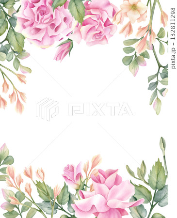 Delicate floral template, frame, Pink rose, beige freesia, leaves. Pastel botanical flower composition isolated from background. Illustration with empty space for your text design, packaging, card 132811298