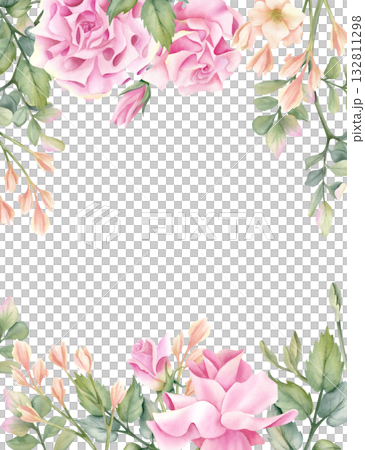 Delicate floral template, frame, Pink rose, beige freesia, leaves. Pastel botanical flower composition isolated from background. Illustration with empty space for your text design, packaging, card 132811298