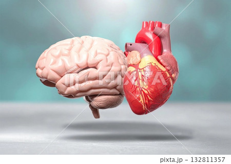 Human brain and heart models floating together, symbolizing a balance of thought and feeling 132811357
