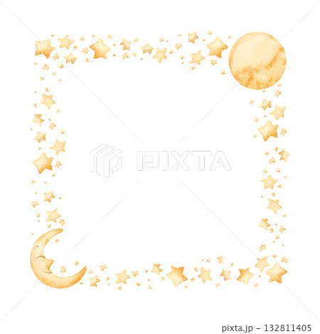 Cute golden moon crescent stars frame. Watercolor hand drawn illustration isolated on white background for baby nursery kids children design holiday print Ramadan card invitation template label logo 132811405