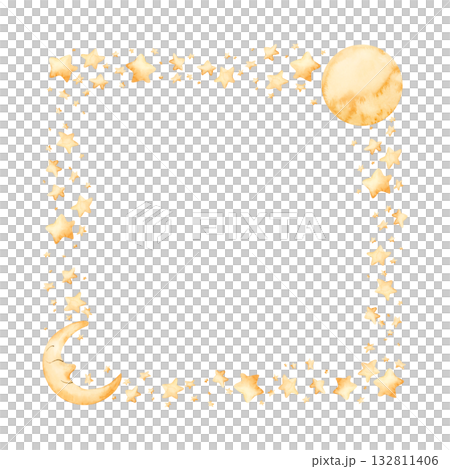 Cute golden moon crescent stars frame. Watercolor hand drawn illustration isolated on white background for baby nursery kids children design holiday print Ramadan card invitation template label logo Cute golden moon crescent stars frame. Watercolor hand drawn illustration isolated on white background for baby nursery kids children design holiday print Ramadan card invitation template label logo 132811406