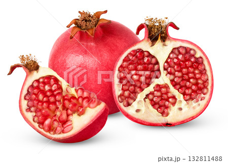 Red ripe pomegranate and cut in a half isolated. Pomegranates fruits with clipping path. 132811488