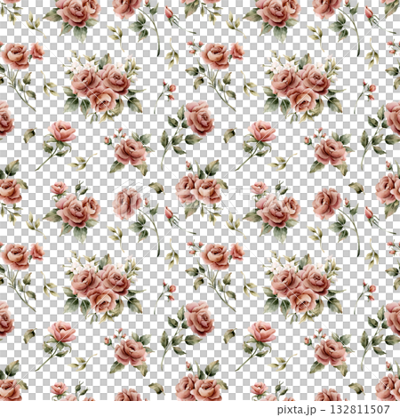 Roses with leaves seamless pattern on white background. Dusty pink garden Victorian flower. Watercolor hand painted floral illustration for wedding design home textile fabric cosmetic package wrapping Roses with leaves seamless pattern on white background. Dusty pink garden Victorian flower. Watercolor hand painted floral illustration for wedding design home textile fabric cosmetic package wrapping 132811507