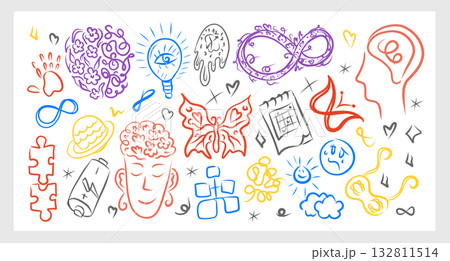 Neurodivergence collection colorful vector illustration with ADHD autism symbols and mental health icons perfect for stickers posters prints cards education and awareness Neurodivergence collection colorful vector illustration with ADHD autism symbols and mental health icons perfect for stickers posters prints cards education and awareness 132811514