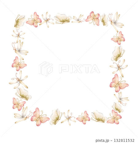 Cute Butterfly Dragonfly Insects Frame. Watercolor hand painted summer pastel neutral isolated illustration on white background for nursery kids baby shower card logo label whimsical mystery princess Cute Butterfly Dragonfly Insects Frame. Watercolor hand painted summer pastel neutral isolated illustration on white background for nursery kids baby shower card logo label whimsical mystery princess 132811532