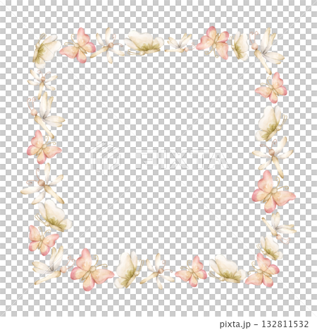 Cute Butterfly Dragonfly Insects Frame. Watercolor hand painted summer pastel neutral isolated illustration on white background for nursery kids baby shower card logo label whimsical mystery princess Cute Butterfly Dragonfly Insects Frame. Watercolor hand painted summer pastel neutral isolated illustration on white background for nursery kids baby shower card logo label whimsical mystery princess 132811532