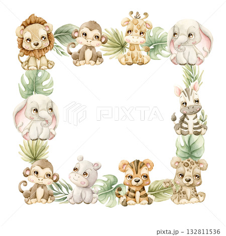 Cute Animals Plants Frame. Safari Jungle Tropical Exotic leaves Watercolor hand painted summer pastel neutral isolated illustration on white background for nursery kids baby shower card logo label 132811536