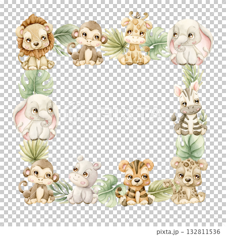 Cute Animals Plants Frame. Safari Jungle Tropical Exotic leaves Watercolor hand painted summer pastel neutral isolated illustration on white background for nursery kids baby shower card logo label 132811536