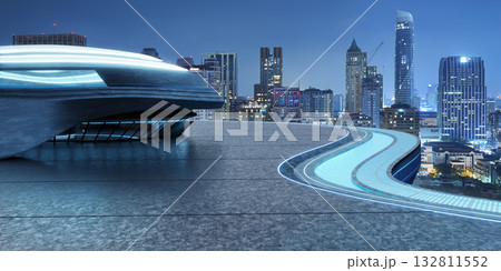 3d rendering urban futuristic architecture with glowing decoration edge overlooking city skyline 3d rendering urban futuristic architecture with glowing decoration edge overlooking city skyline 132811552