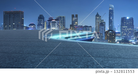 3d rendering city skyline with modern building and glowing platform 132811553