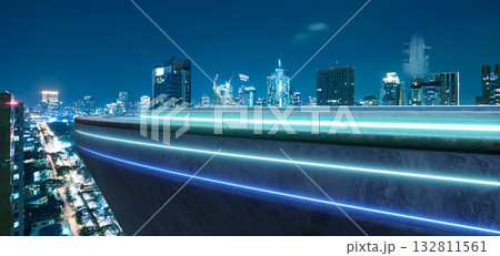 3d rendering futuristic rooftop with blue neon lights overlooking modern city 132811561