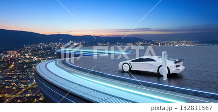3d rendering electric car charging on futuristic rooftop overlooking city 3d rendering electric car charging on futuristic rooftop overlooking city 132811567