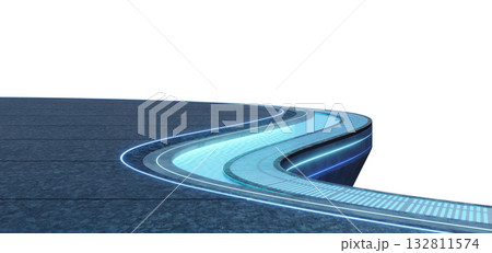 3d rendering futuristic curved rooftop terrace with blue LED lights and water Stream 132811574