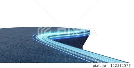 3d rendering futuristic curved rooftop terrace with blue LED lights and water Stream 3d rendering futuristic curved rooftop terrace with blue LED lights and water Stream 132811577