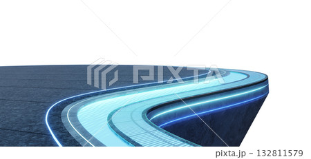 3d rendering futuristic curved rooftop terrace with blue LED lights and water Stream 132811579