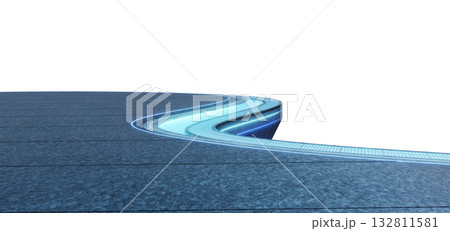 3d rendering futuristic curved rooftop terrace with blue LED lights and water Stream 3d rendering futuristic curved rooftop terrace with blue LED lights and water Stream 132811581