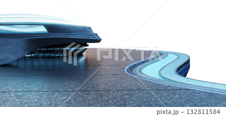 3d rendering futuristic corporate building with curved LED terrace and blue neon architecture 132811584