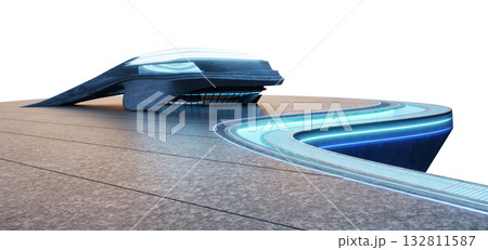 3d rendering futuristic corporate building with curved LED terrace and blue neon architecture 132811587