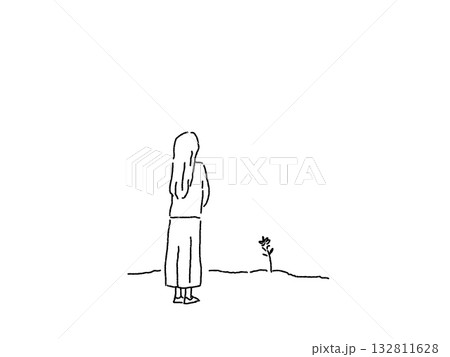 一輪の花を見つめる女性の後ろ姿、線画 一輪の花を見つめる女性の後ろ姿、線画 132811628