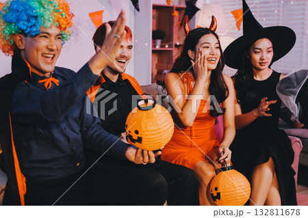 Joyful office Halloween party with coworkers in costumes, celebrating with drinks and laughter, fostering teamwork and festive spirit 132811678