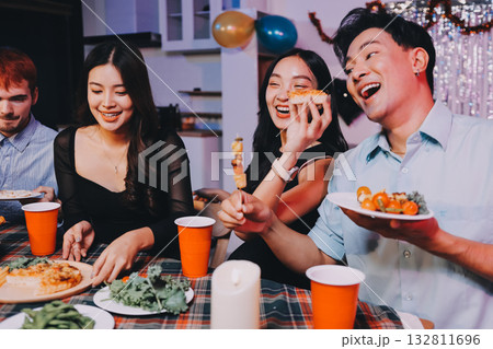 Diversity, dinner and group of people toast celebration together at party. Friends, happy and celebrate with food, wine and friendship for love, support and cheers champagne at business function 132811696